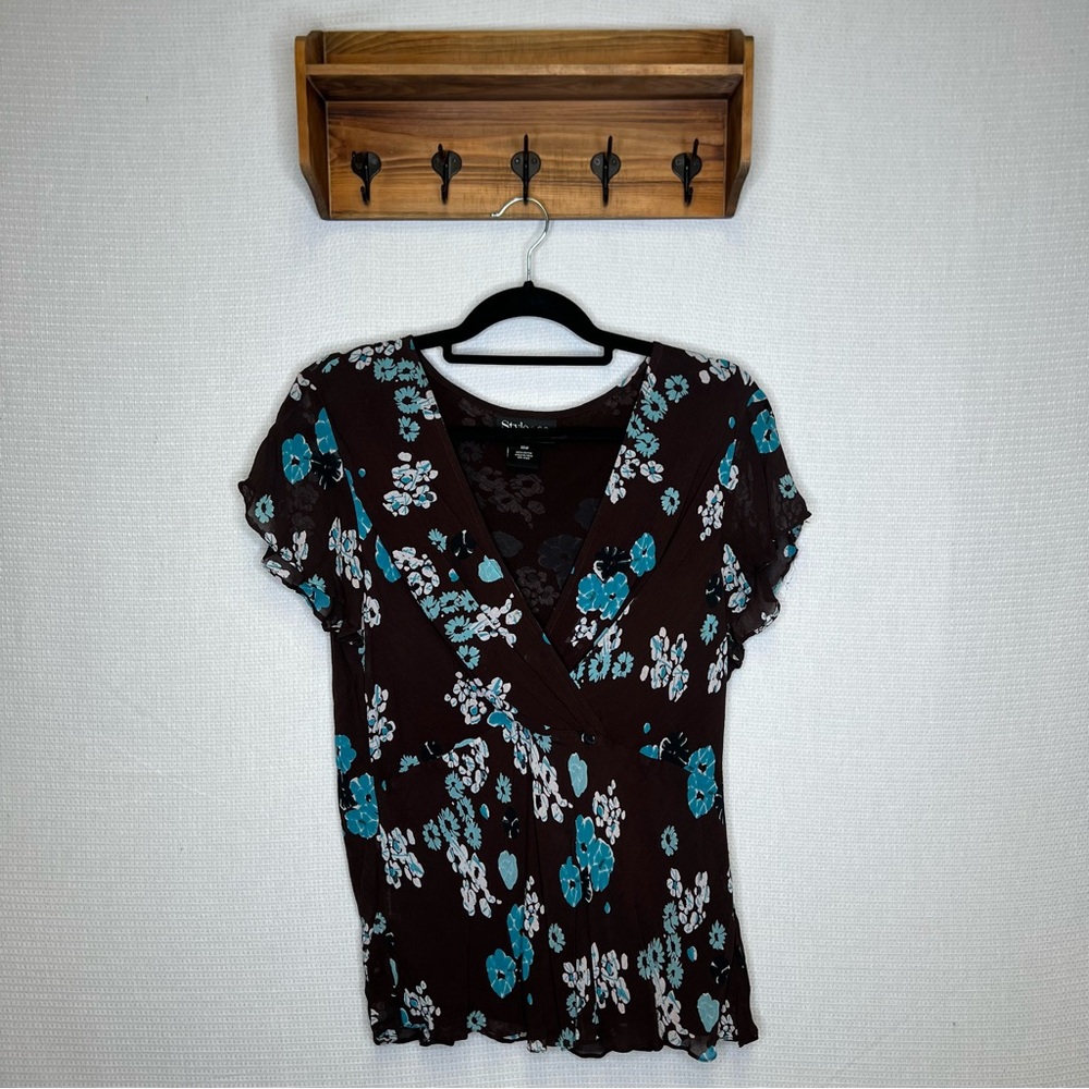 Style & Co | 18W Black and Blue Ruffled Short Sleeve‎ Blouse Y2K